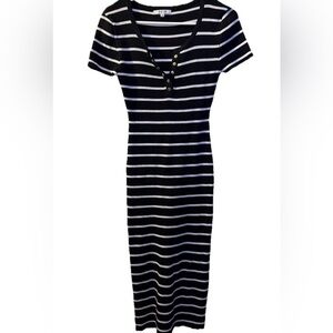 Stylish Black & White Striped V-Neck Dress by Love Tree, Size Large